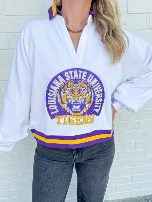 LSU Striped Collar Circular Mascot Sweatshirt sold by Mimosa