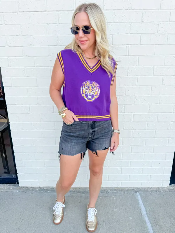 LSU Vneck Sweater Vest with Small Mascot. sold by Mimosa
