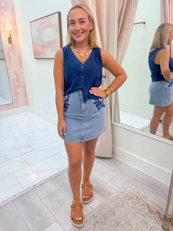 Most Likely Embroidered Denim Skirt sold by Mimosa