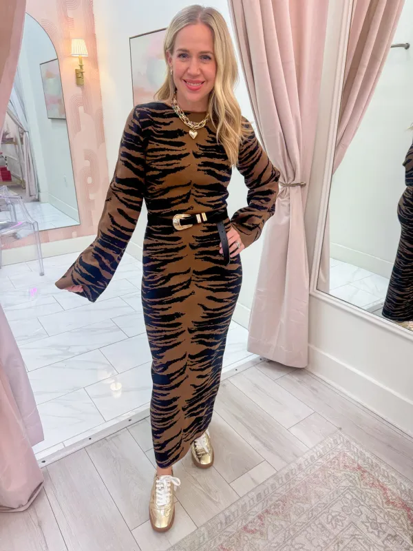 Zoi Tiger Knit Midi Dress sold by Mimosa
