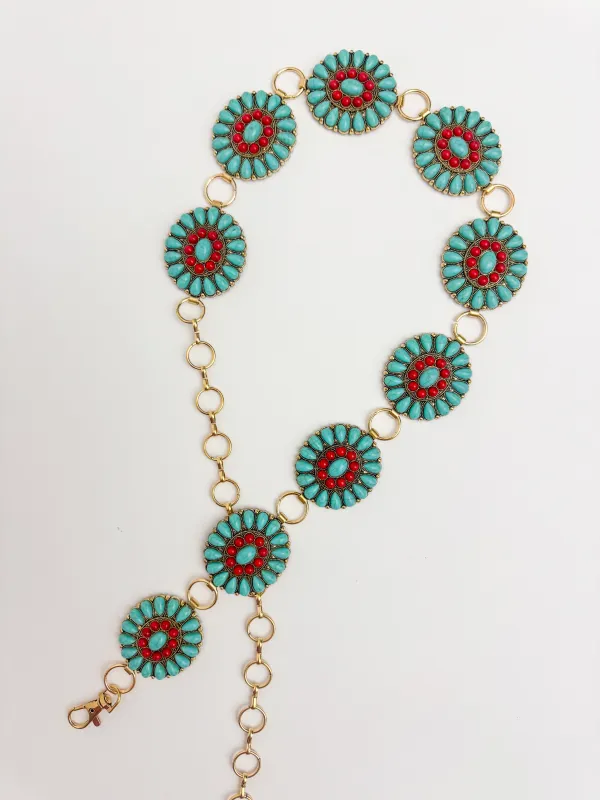 Western Turquoise Concho Disc Chain Belt sold by Mimosa