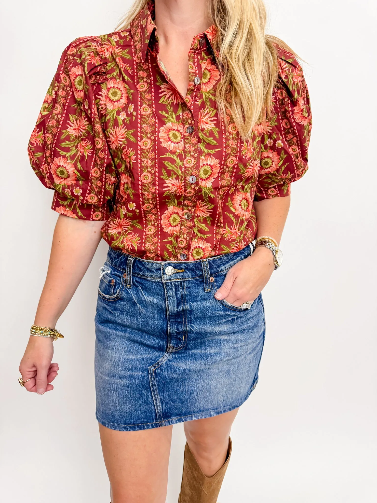 Wild Dahlia Puff Sleeve Blouse sold by Mimosa