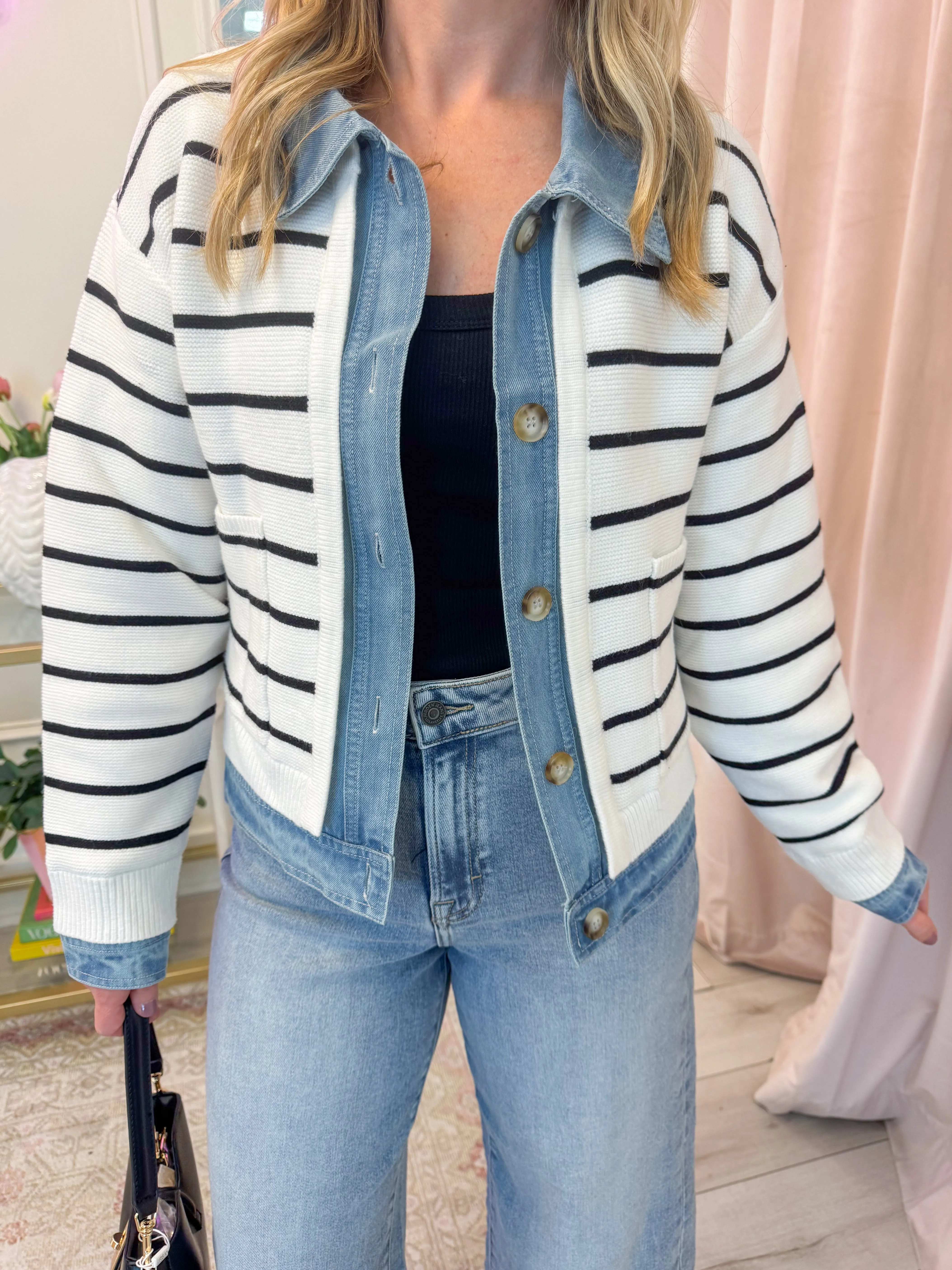 Sidewalk Stripe Knit & Denim Cardi sold by Mimosa product image thumbnail 2