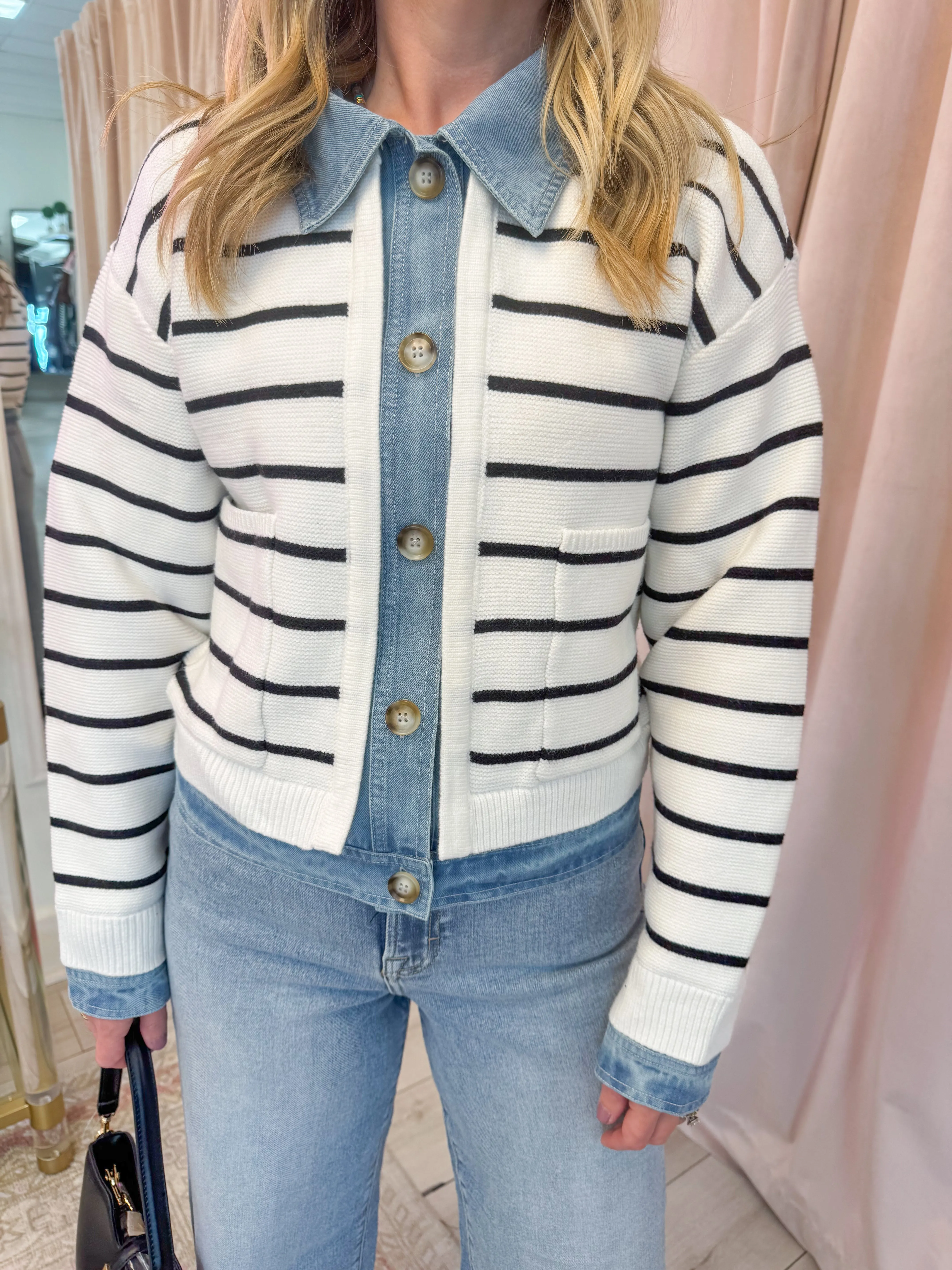 Sidewalk Stripe Knit & Denim Cardi sold by Mimosa product image thumbnail 4