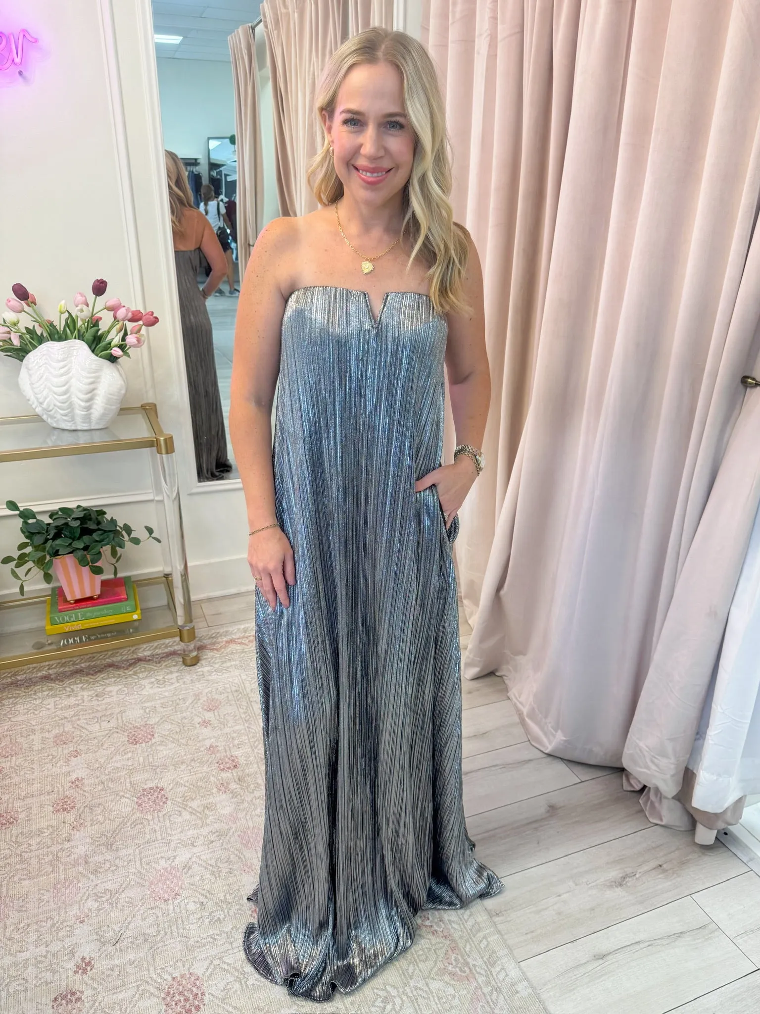 Athena Maxi Dress Pleated Silver sold by Mimosa