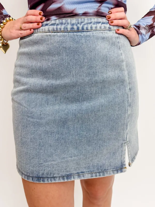 Metropolis Denim Skirt sold by Mimosa