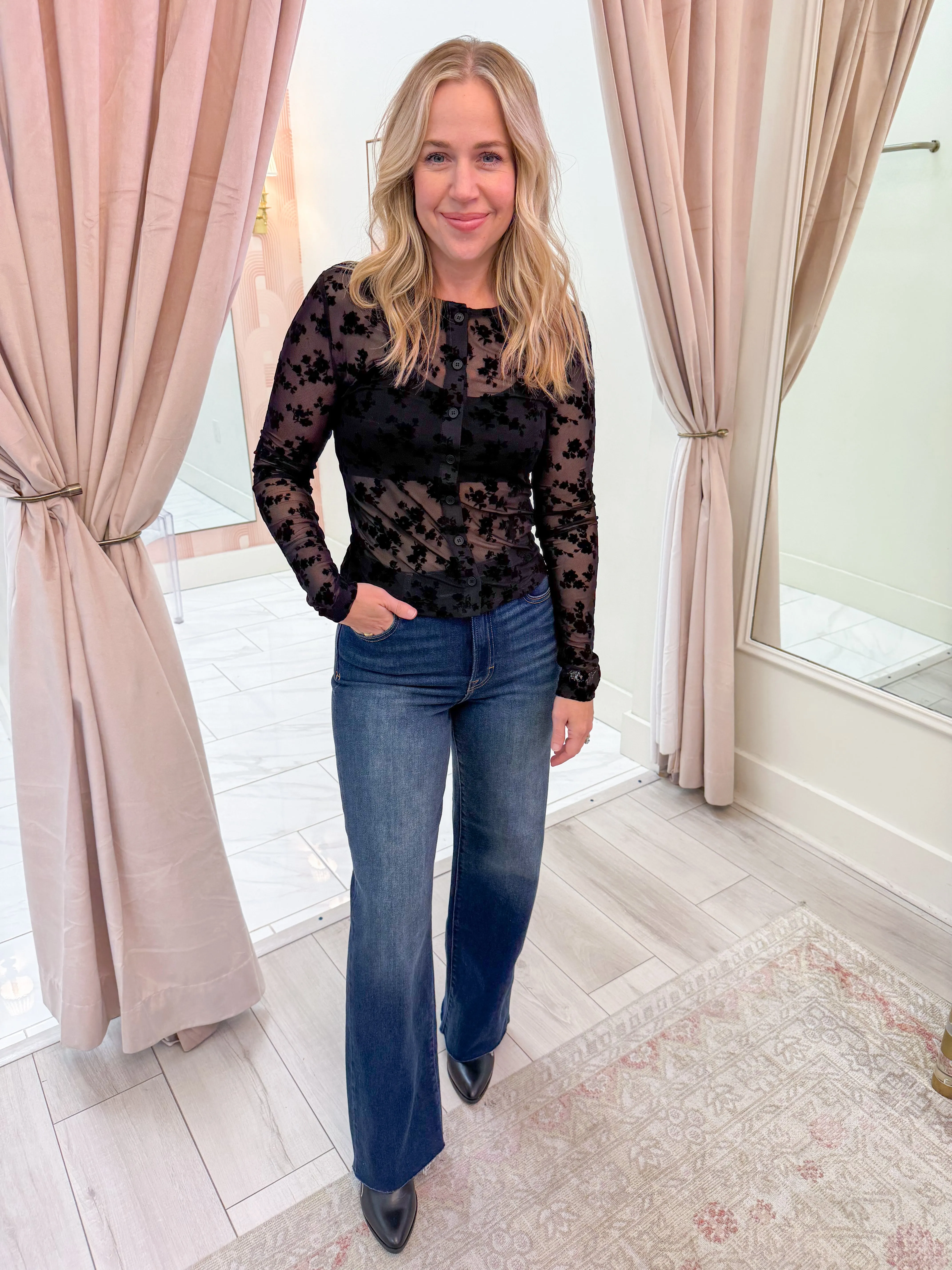 Eva Burn Out Button Up Top sold by Mimosa