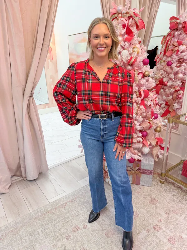 Holly Plaid Ruffled V-Neck LS Blouse sold by Mimosa