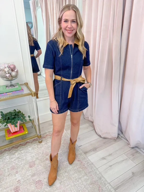 Amarillo Zip Front Denim Romper sold by Mimosa