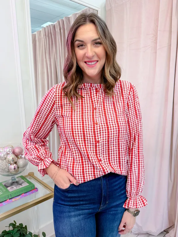 Lacey Gingham Ruffle Neck Blouse sold by Mimosa
