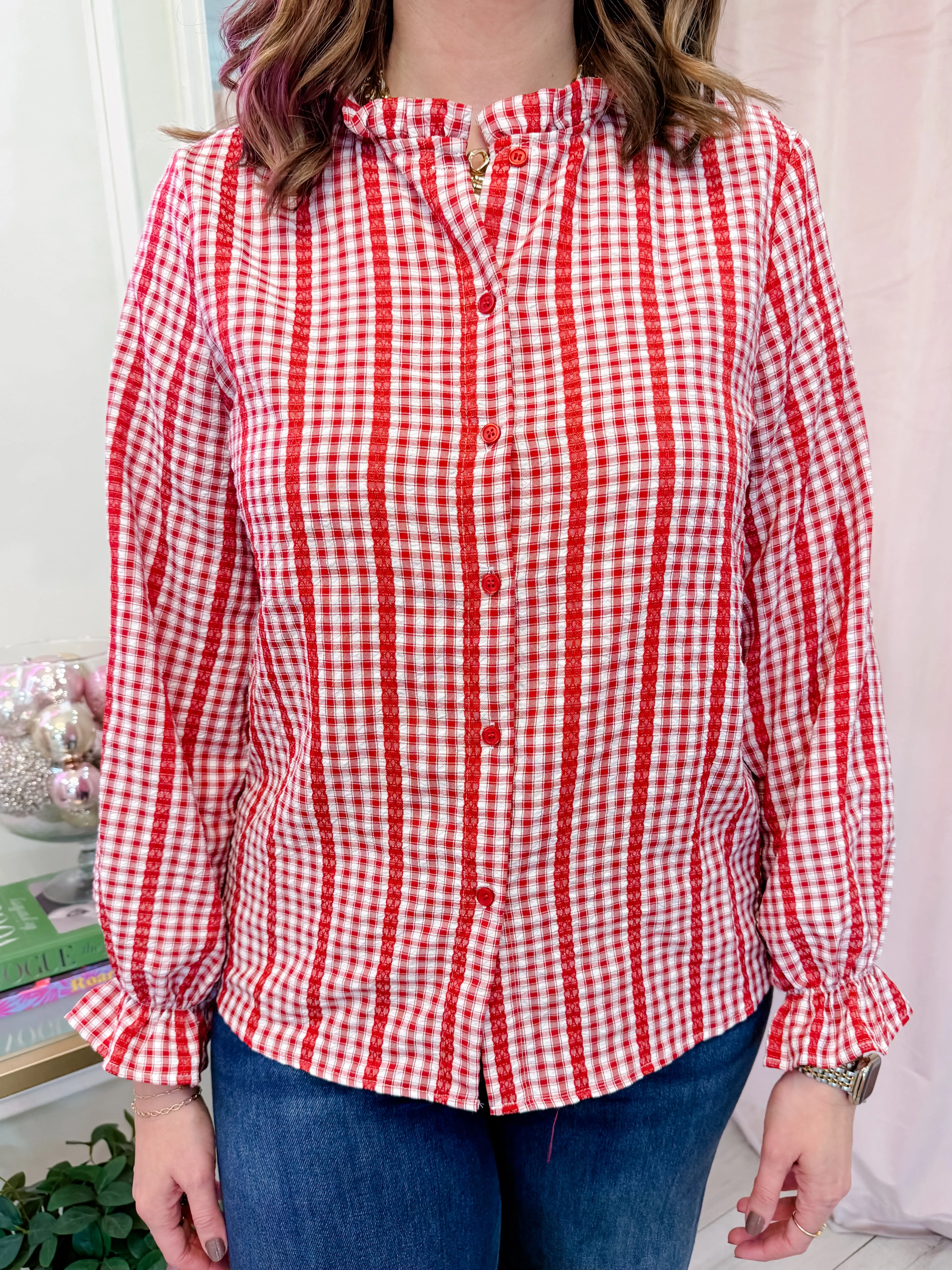 Lacey Gingham Ruffle Neck Blouse sold by Mimosa product image thumbnail 2