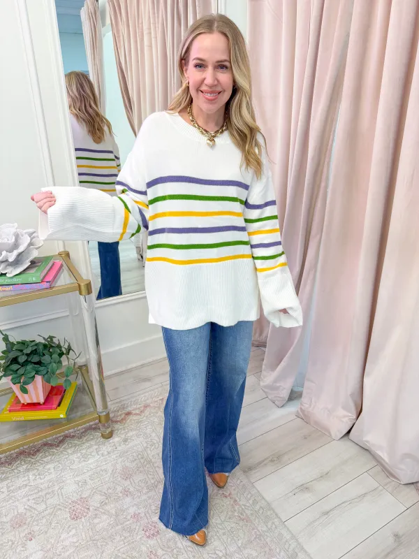 Ribbed Bottom Mardi Gras Stripe Long Sweater made by BiBi