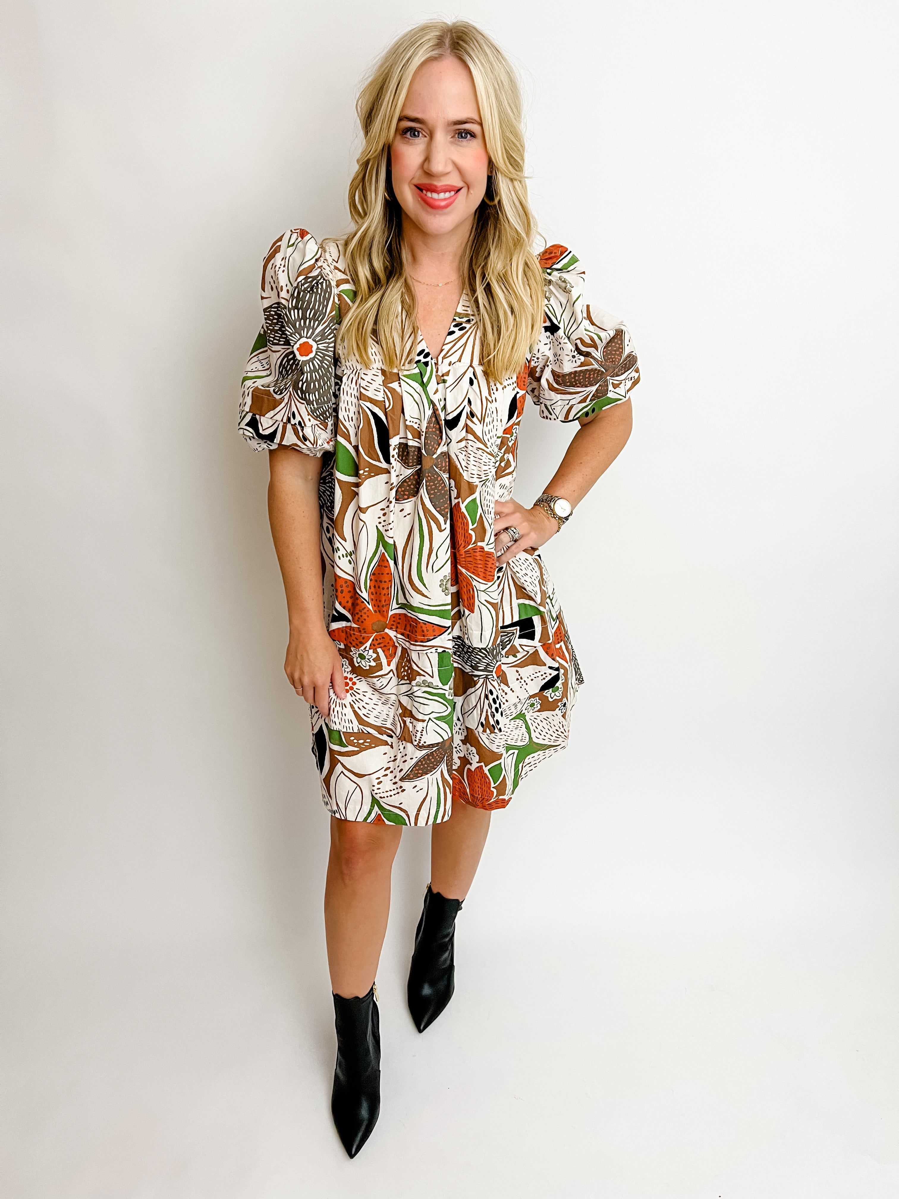 Brown Sugar Floral Puff Sleeve Mini Dress sold by Mimosa