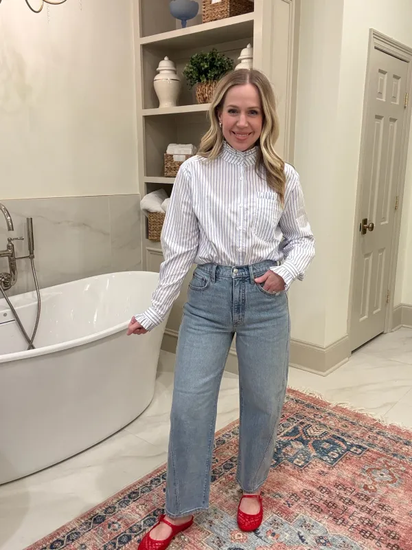 Blue Skies Stripe Ruffle Button Up sold by Mimosa