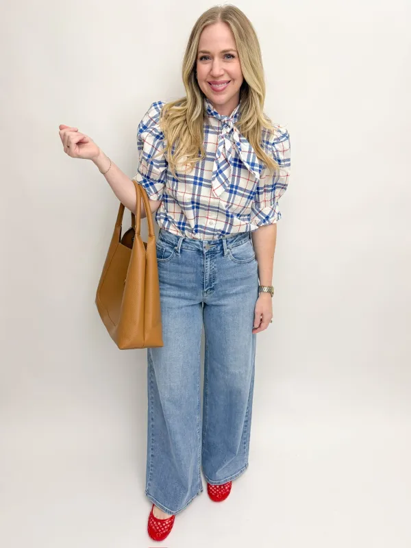 Robyn Plaid Tie Neck Blouse made by entro