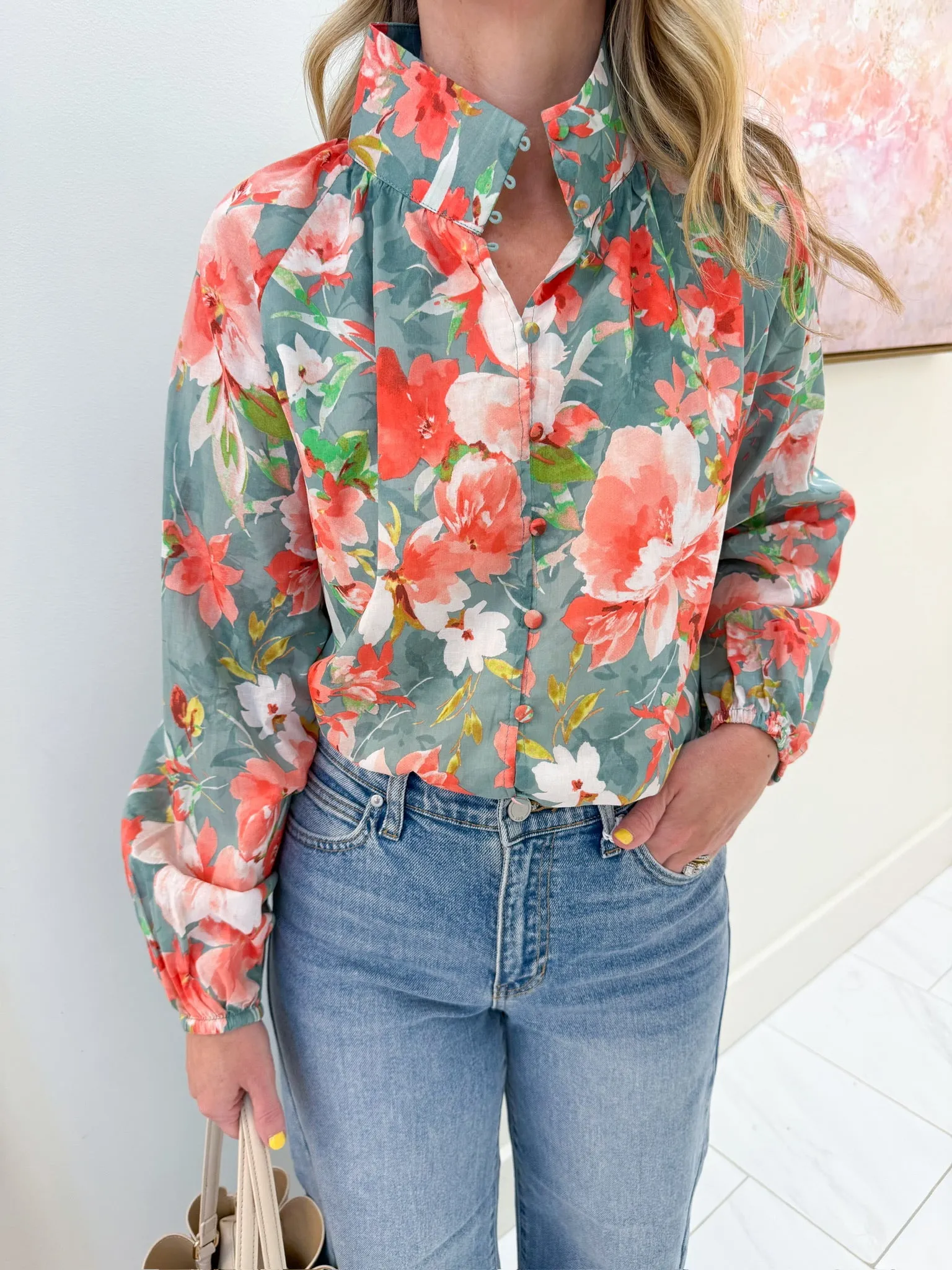 Quinn Floral High Neck Blouse sold by Mimosa