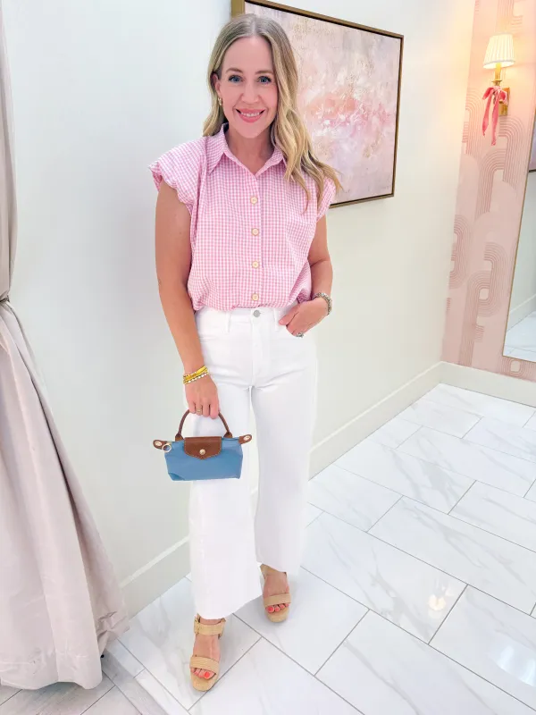Check Bubble Sleeve Button Up Top made by Karlie
