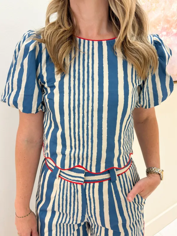 Stripe Scalloped Puff Sleeve Top made by TCEC