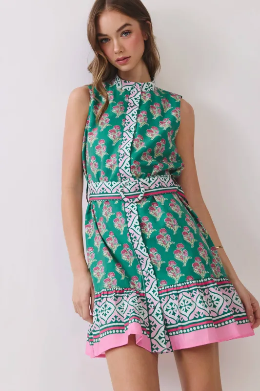 Floral Border Print Belted Mini Dress made by TCEC