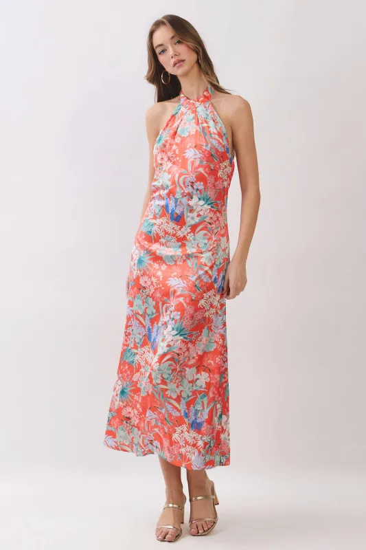 Tropical Floral Print Halter Midi Dress made by TCEC