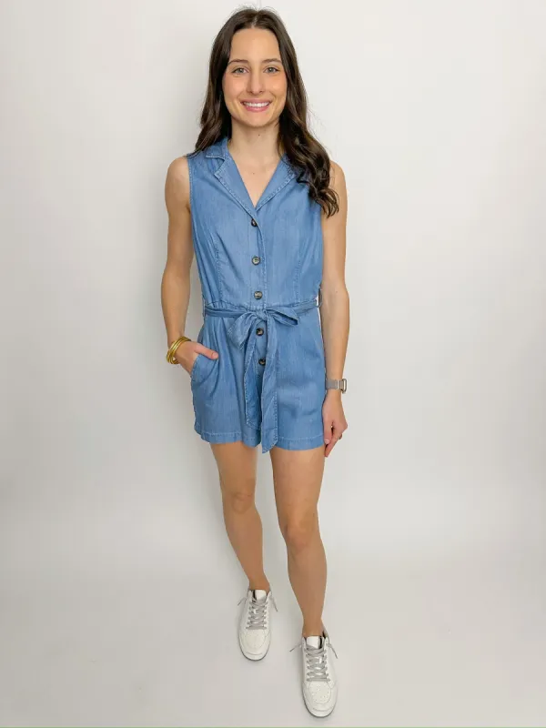 Dakota Belted Chambray Romper sold by Mimosa