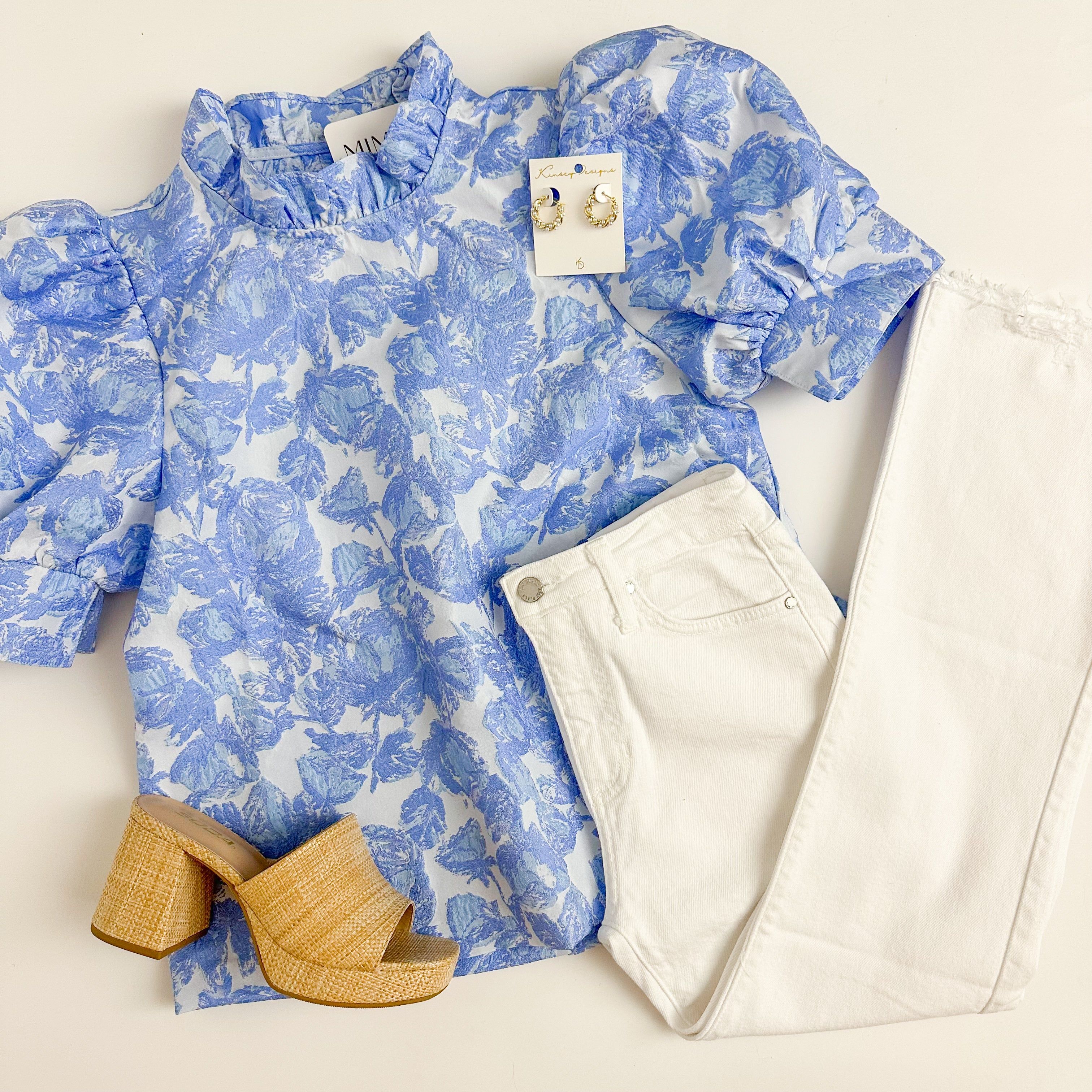 Jacquard Blooms Puff Sleeve Blouse sold by Mimosa