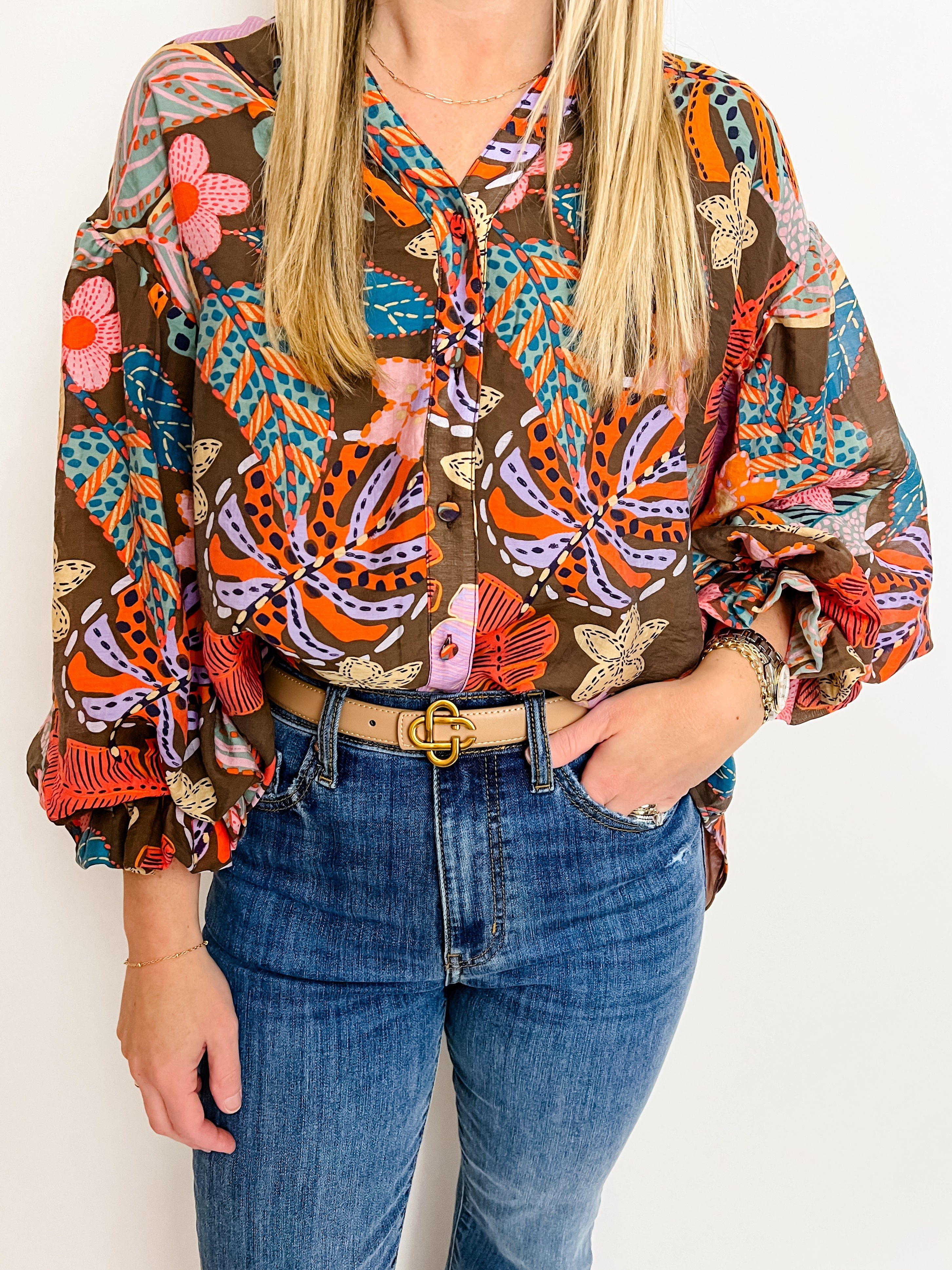 Floral Frond Puff Sleeve Button Down Blouse sold by Mimosa