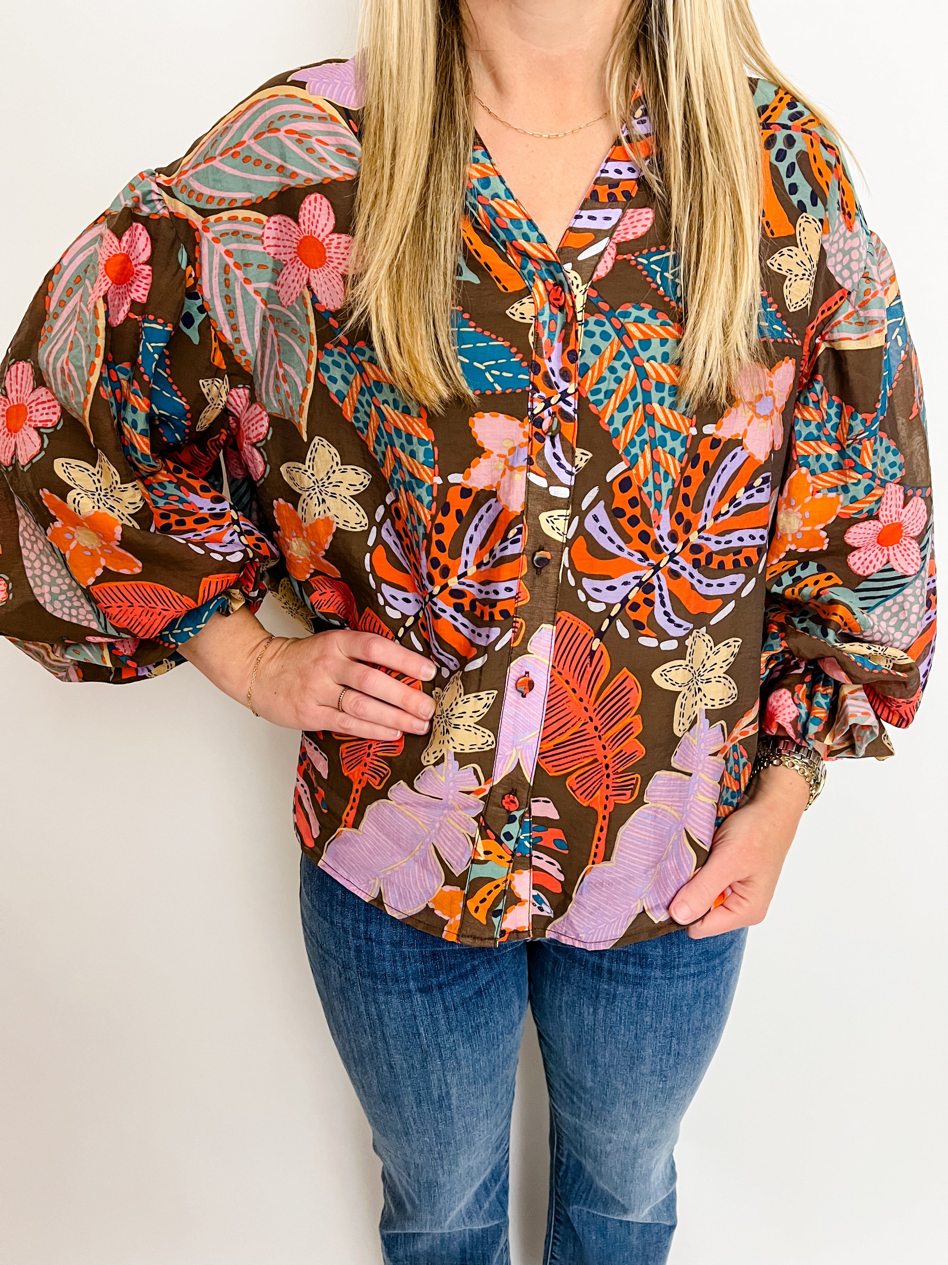 Floral Frond Puff Sleeve Button Down Blouse sold by Mimosa product image thumbnail 3