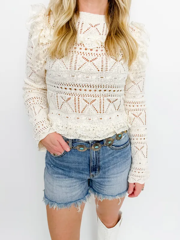 Monroe Ruffled Lace Knit Blouse sold by Mimosa