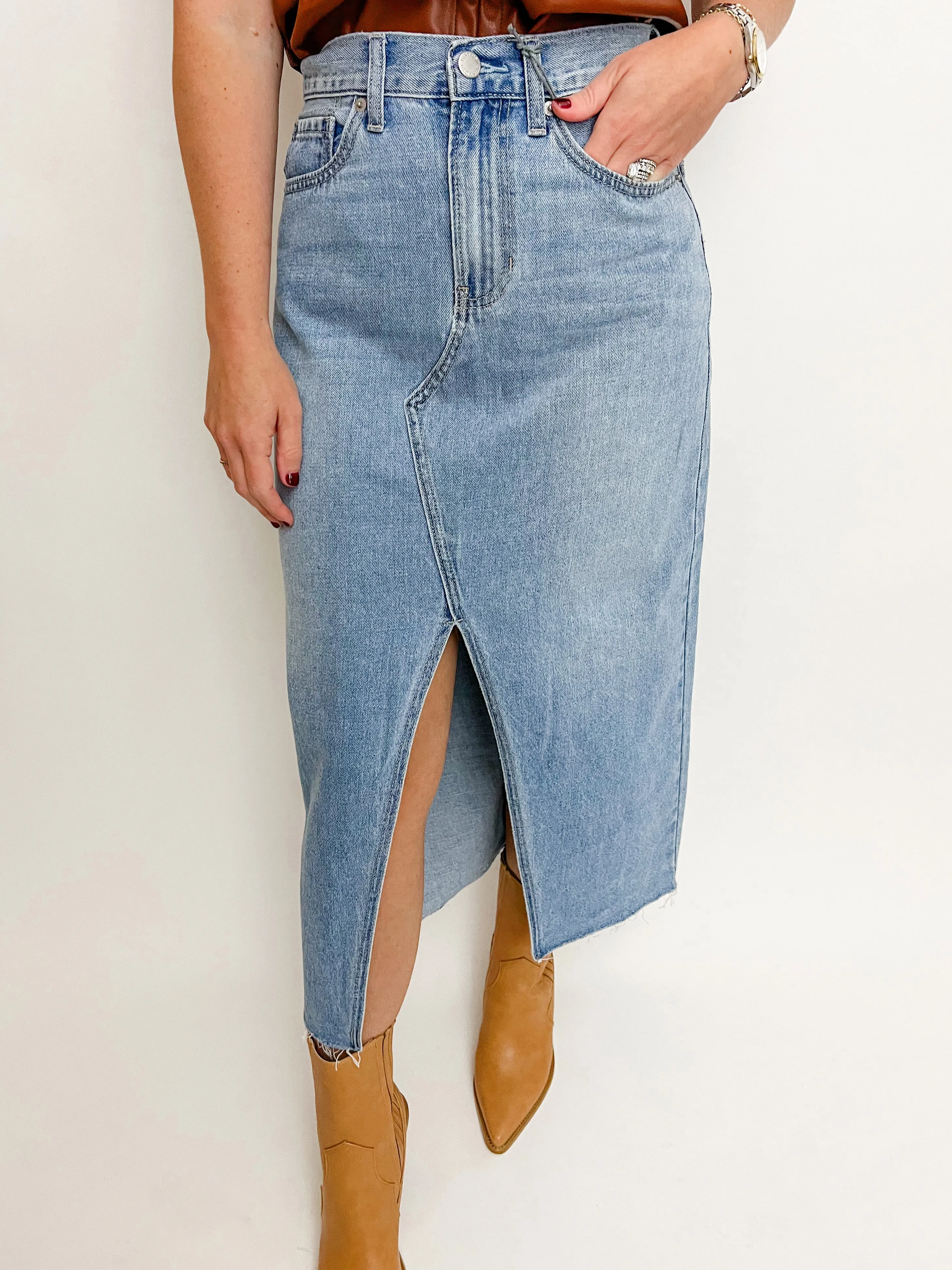 JBD Open Slit Denim Midi Skirt sold by Mimosa product image thumbnail 2