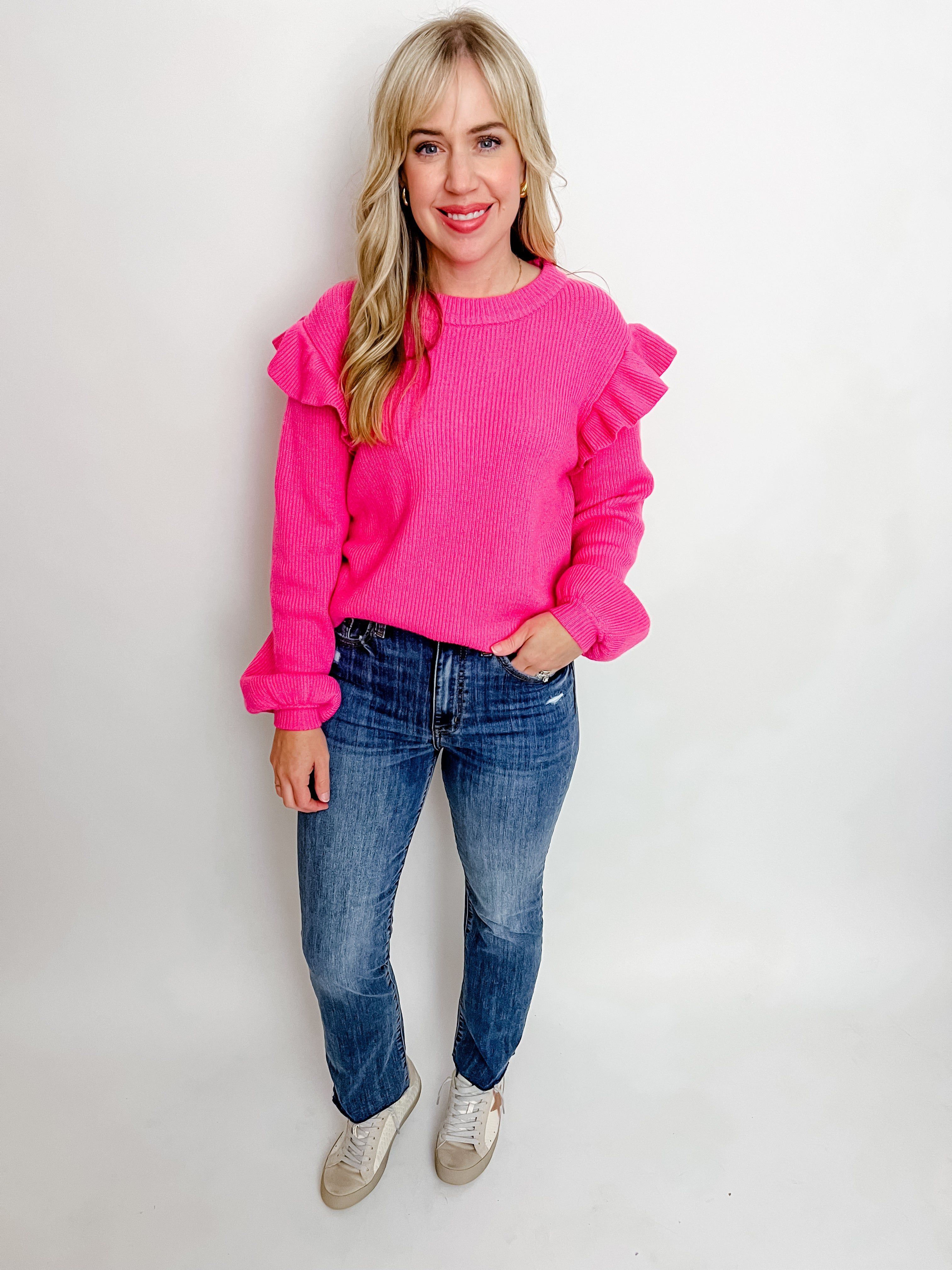 Rayna Ruffle Shoulder Sweater sold by Mimosa