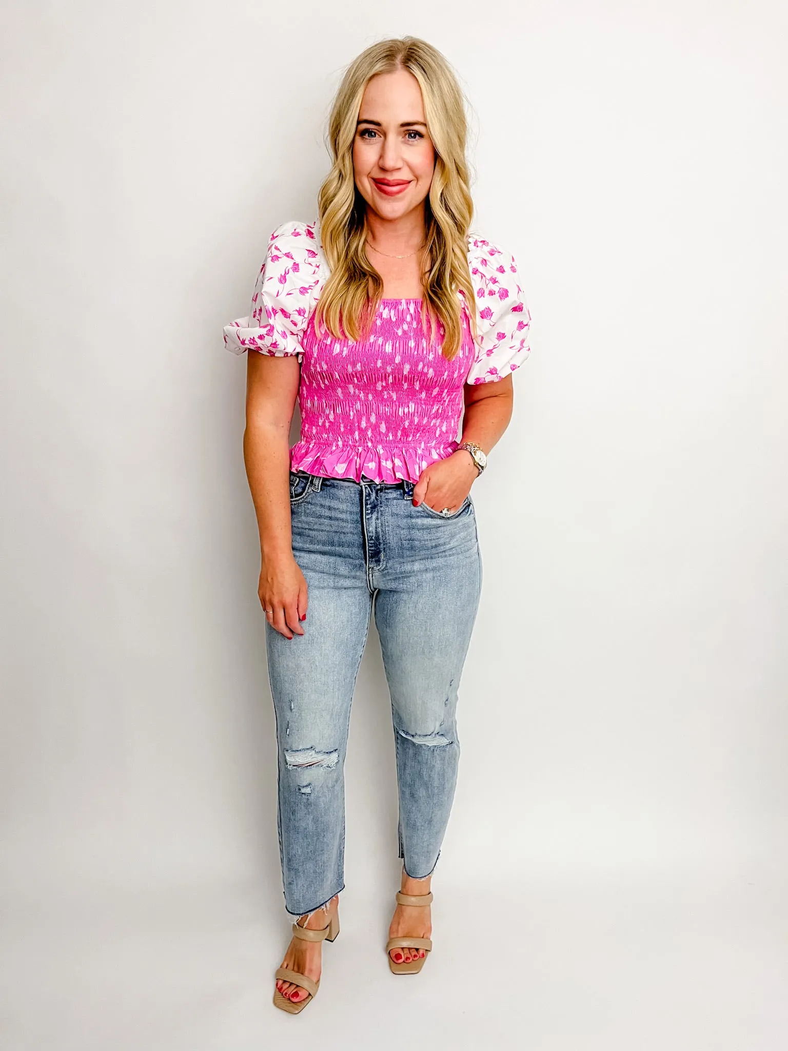 Delia Contrast Floral Smocked Blouse sold by Mimosa product image thumbnail 2