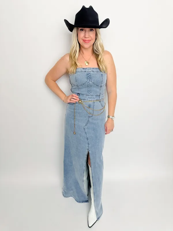 Denim Tube Maxi Dress sold by Mimosa
