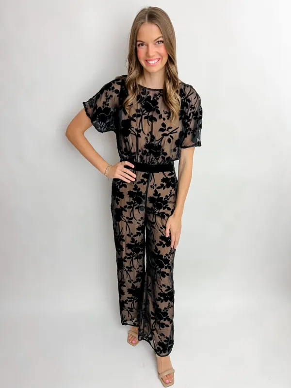 Eisha Velvet Burnout Flutter Sleeve Jumpsuit sold by Mimosa
