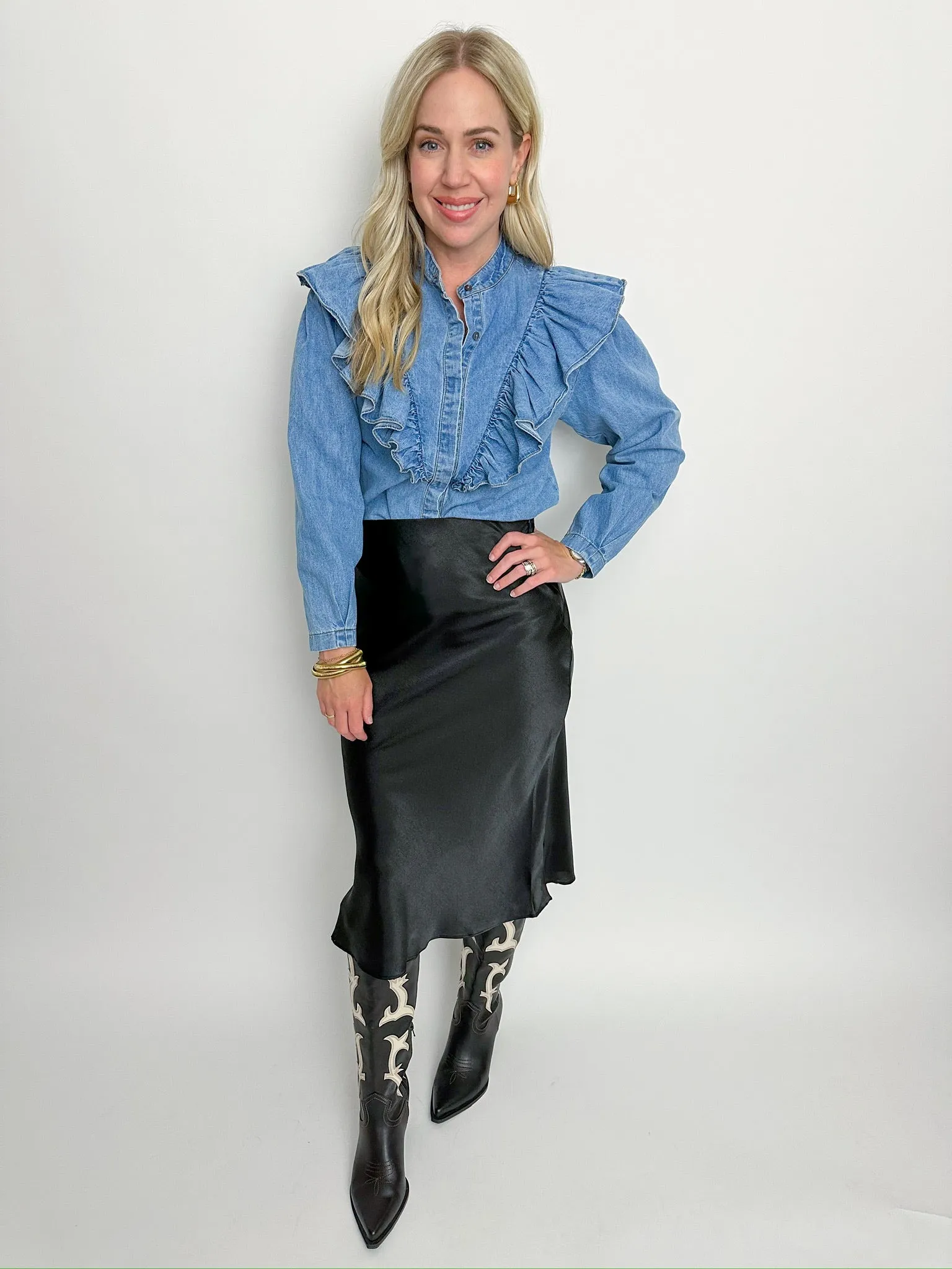 Brielle Ruffled Denim Top sold by Mimosa