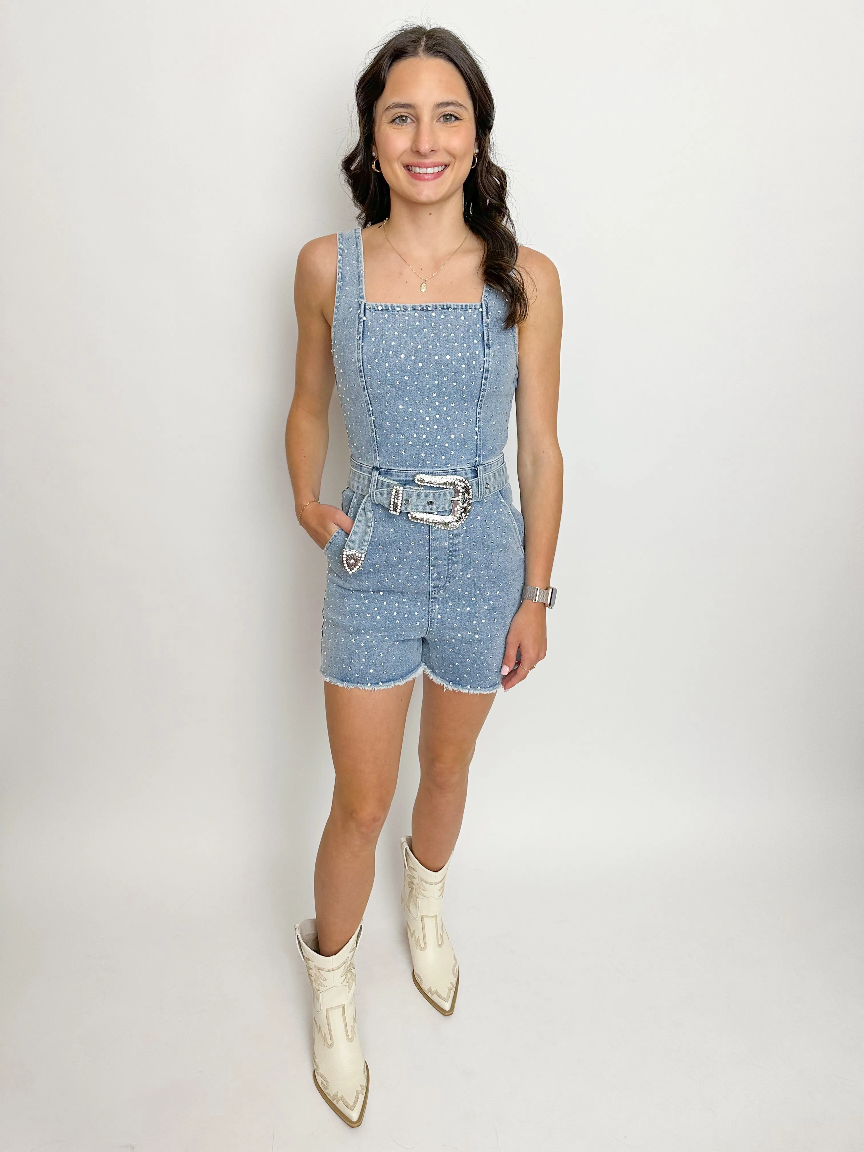Brooks Belted Rhinestone Denim Romper | Parallel