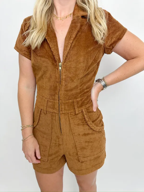 Outlaw Romper Saddle Brown Corduroy sold by Mimosa