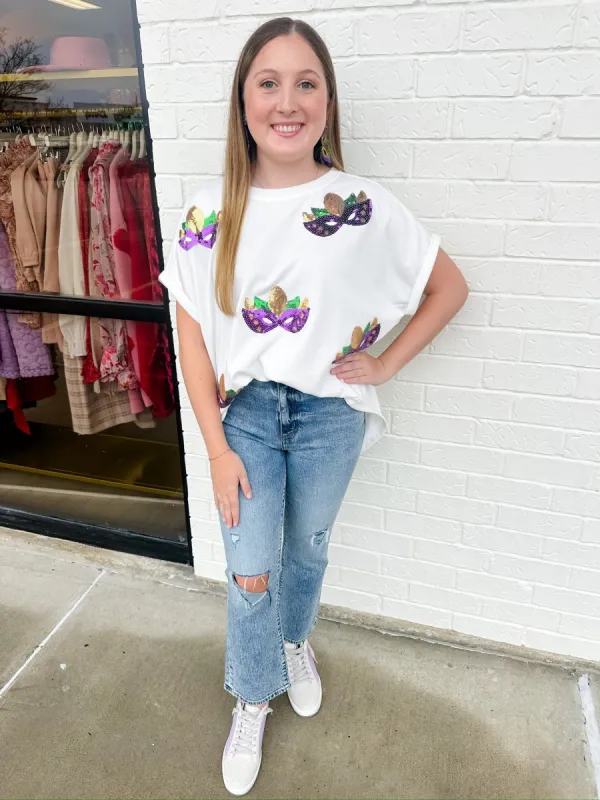 Mardi Gras Mask Sequin Tee sold by Mimosa