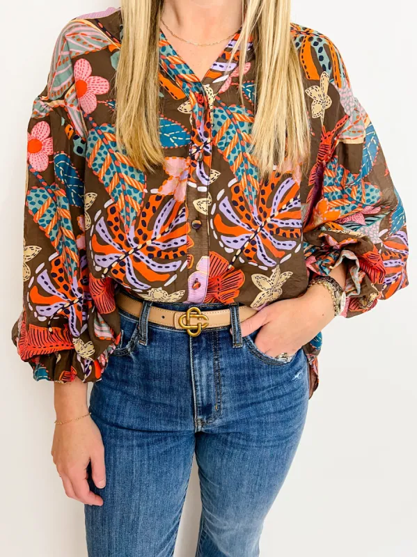 Floral Frond Puff Sleeve Button Down Blouse sold by Mimosa