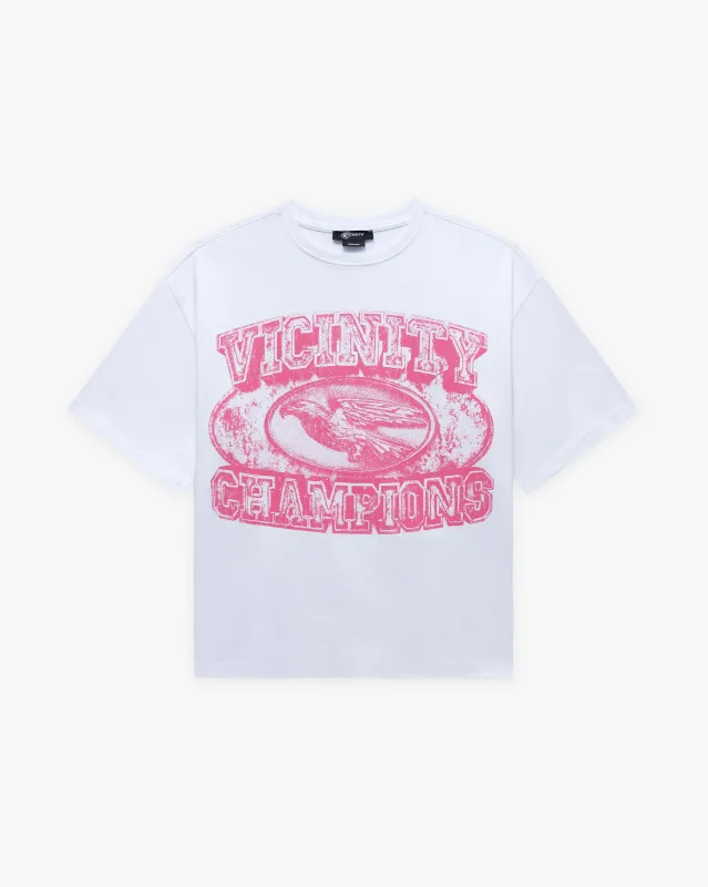 CHAMP EMBLEM TEE PINK/WHITE sold by vicinity
