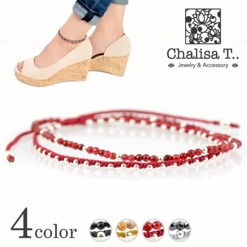 CHALISA T.. / Stone silver bead anklet with knotted cord made by Haku Clothing
