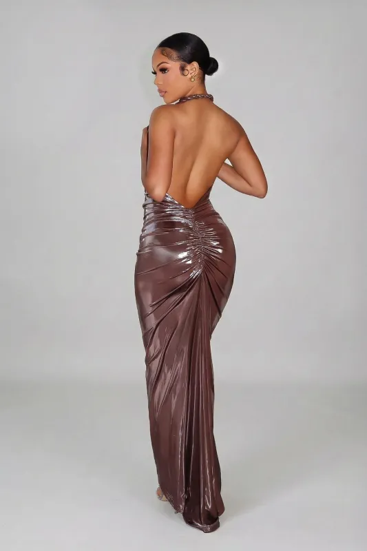 Selene Metallic Twisted Halter Maxi Dress sold by EDGE by Know Style