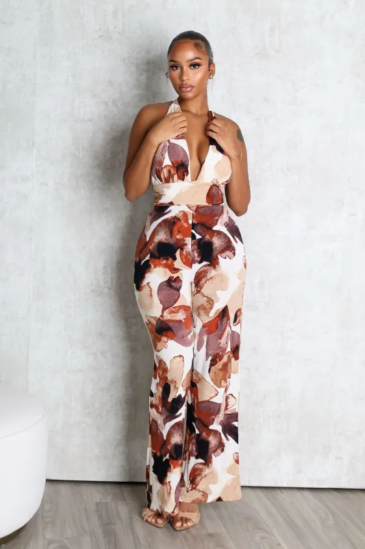 Crimson Leaf Halter Jumpsuit sold by EDGE by Know Style