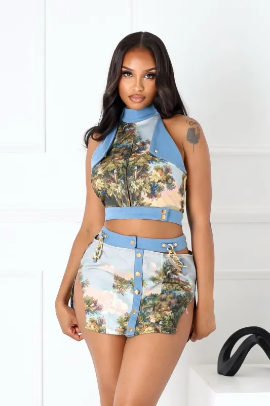 Florabound Denim Cutout Top & Skirt SET sold by EDGE by Know Style