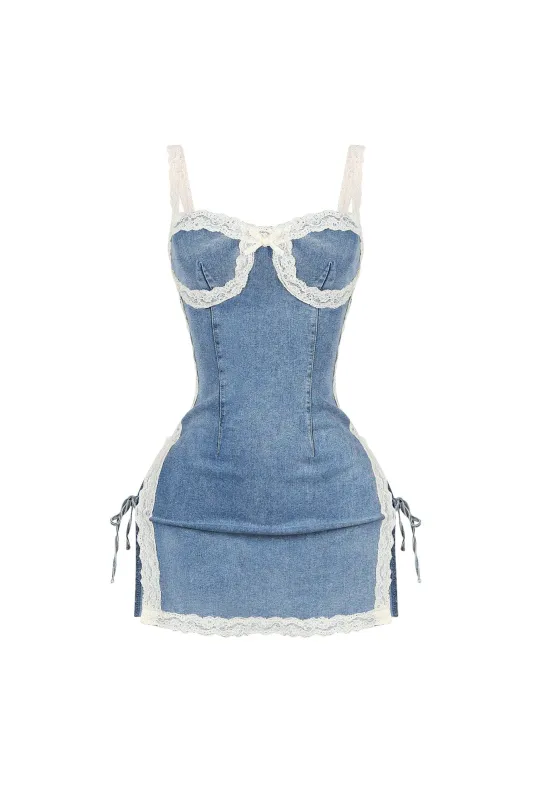 Jezebel Denim Mini Dress With Lace Trim sold by EDGE by Know Style