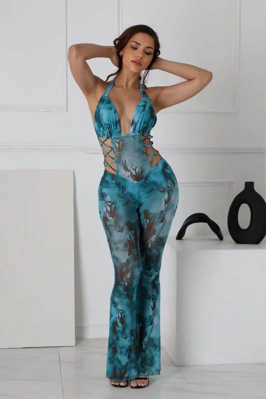 Seductive Mesh Cutout Halter Jumpsuit sold by EDGE by Know Style