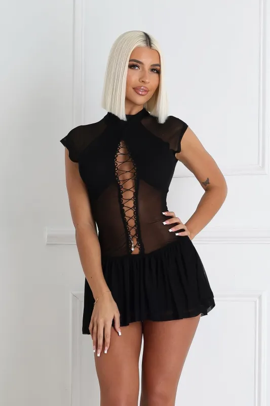 Asajj Cap Sleeve Lace Up Flare Mini Dress sold by EDGE by Know Style