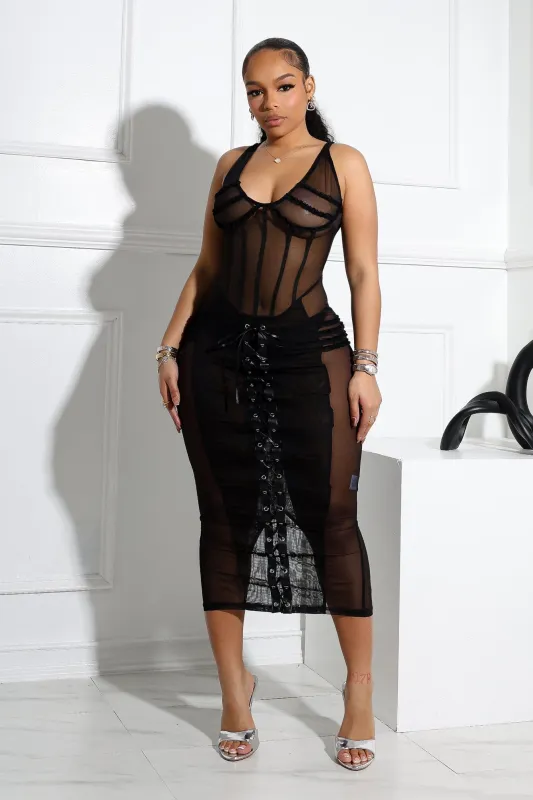 Angela Mesh Corset Lace Up Midi Dress sold by EDGE by Know Style