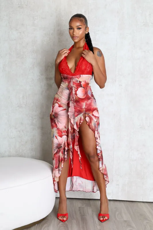 Fariah Print Lace Halter Ruffle Maxi Dress sold by EDGE by Know Style