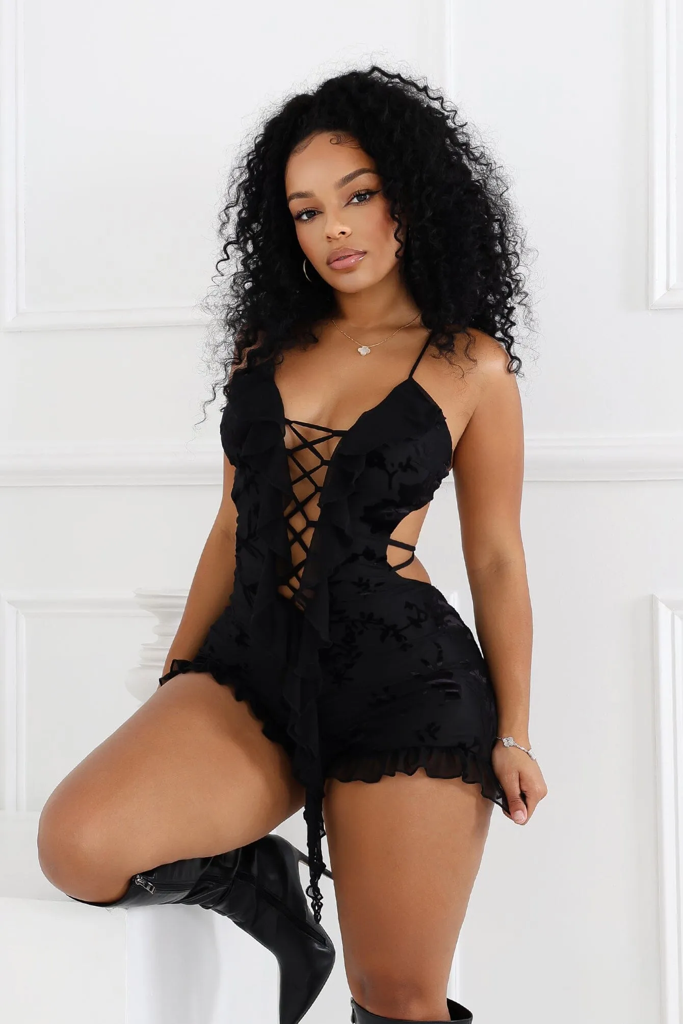 Millie Velvet Burnout Ruffle Romper sold by EDGE by Know Style